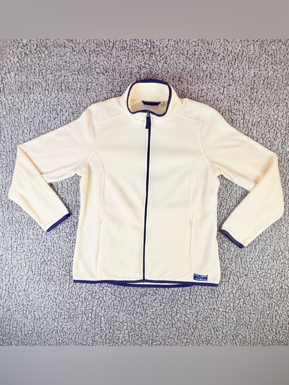 LL Bean Womens Fleece Lightweight Jacket Medium Ivory Full Zip Mock Neck Pockets